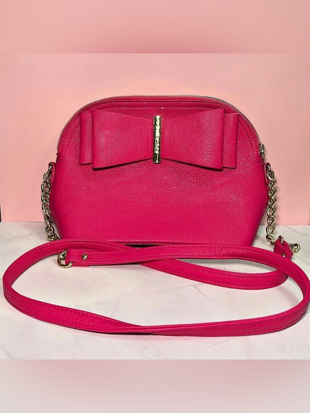 🩷 Betsey Johnson Pink Dome Crossbody Bag with Pink Bow Accent